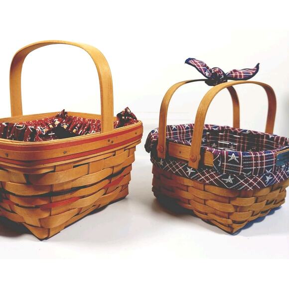 Lot Of 2 Square Longaberger Baskets w/ Handles Liners Tie On Bee Fire Memories - Picture 15 of 16